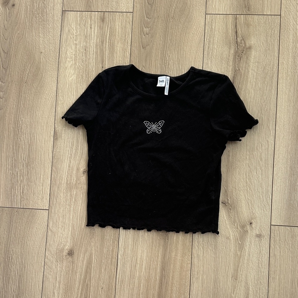Twik Black Crop Top with Butterfly Detail
